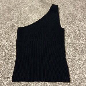 Open Edit Luxe Sculpt Ribbed Black One Shoulder Top